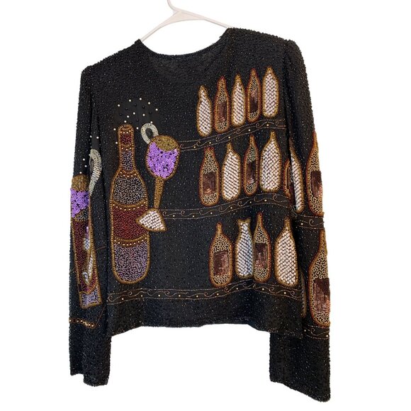 VTG 80s Gopal Black Beaded Jacket Champagne Theme 100% Silk Lined M 8695 - Picture 7 of 13